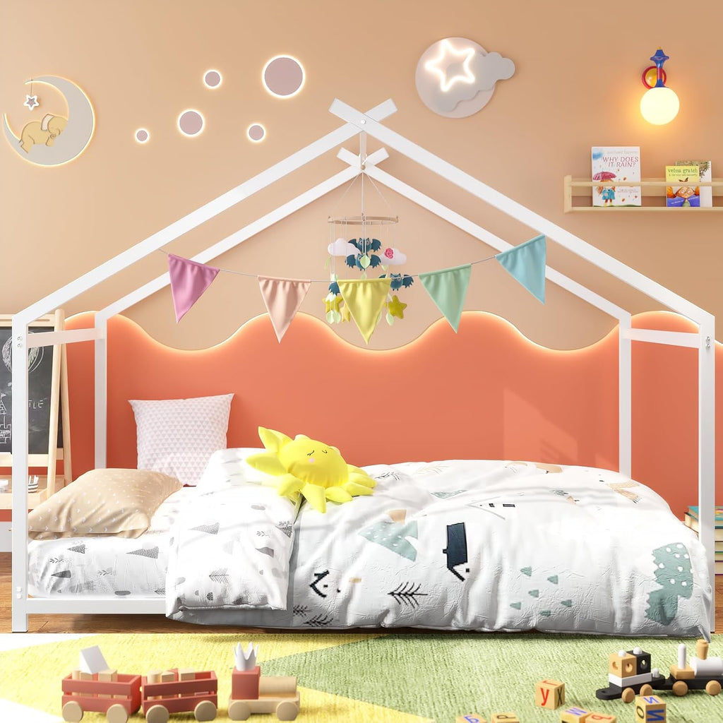 House Shape Twin Size Montessori House Bed Metal Floor Bed | Twin Bedframe for Kids No Box Spring Needed White