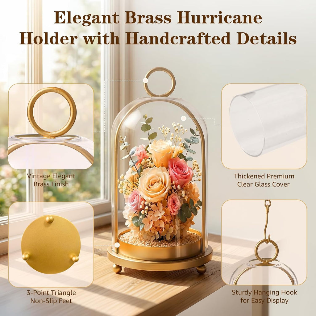Hurricane Glass Candle Holders Set of 2 with Brass Base (9.8" & 8.1") | Cloche Glass Dome,Vintage Brass