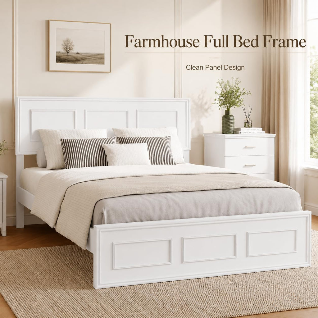 White Farmhouse Wood Bed Frame with Adjustable Headboard