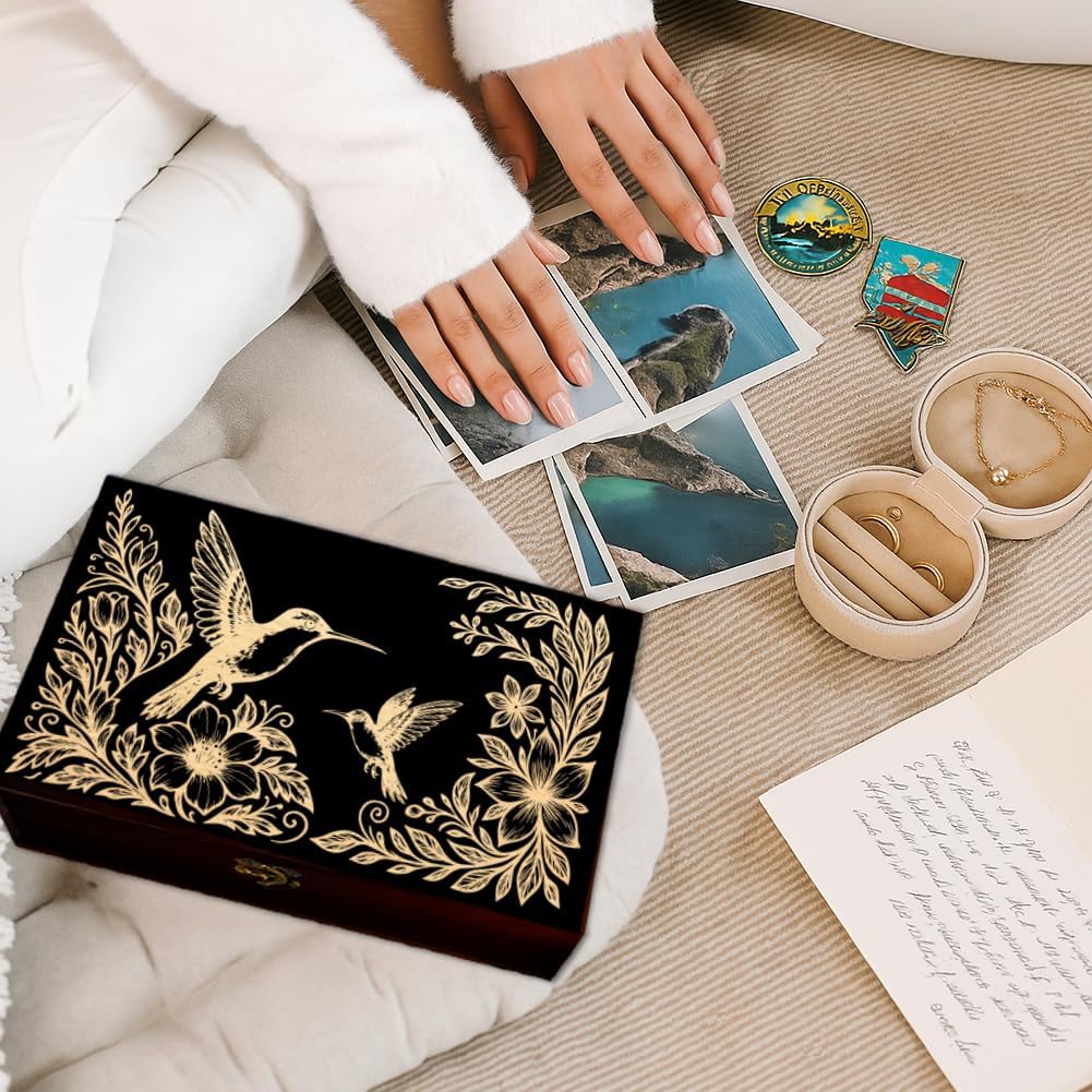 Wooden Memorial Storage Box with Hinged Lids, Hummingbird Flowers