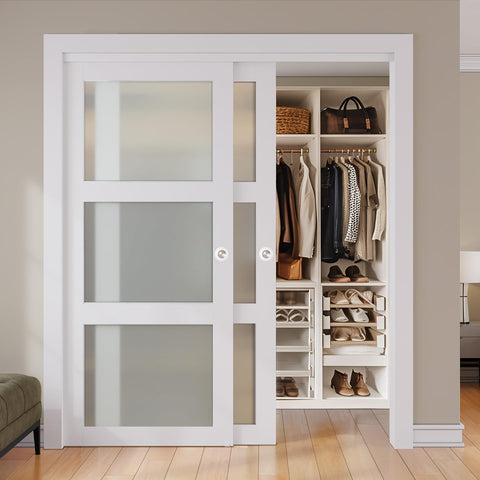 Sliding Closet Door, 72"×80"(Double Barn Doors 37"), Double Frosted 3 Panel Glass Sliding Door with 