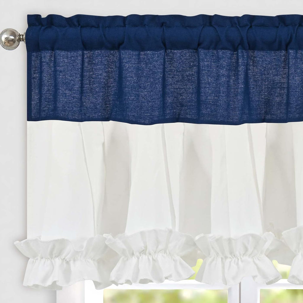 Navy Blue and White linen ruffle valance for windows - Casa Home Living