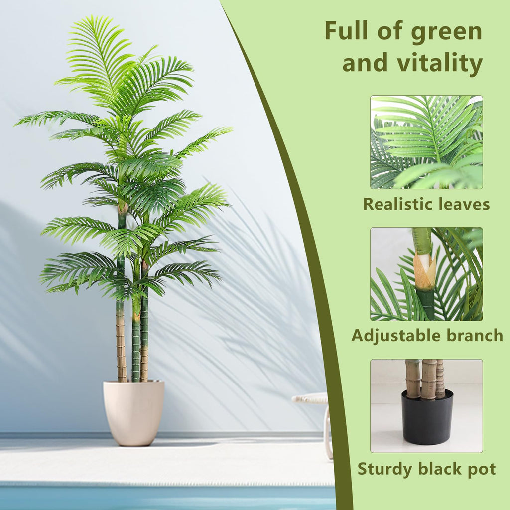 8FT Tall Artificial Golden Cane Palm Tree - Green Large Tropical Fake Palm Tree in Pot for Indoor/Outdoor, Patio