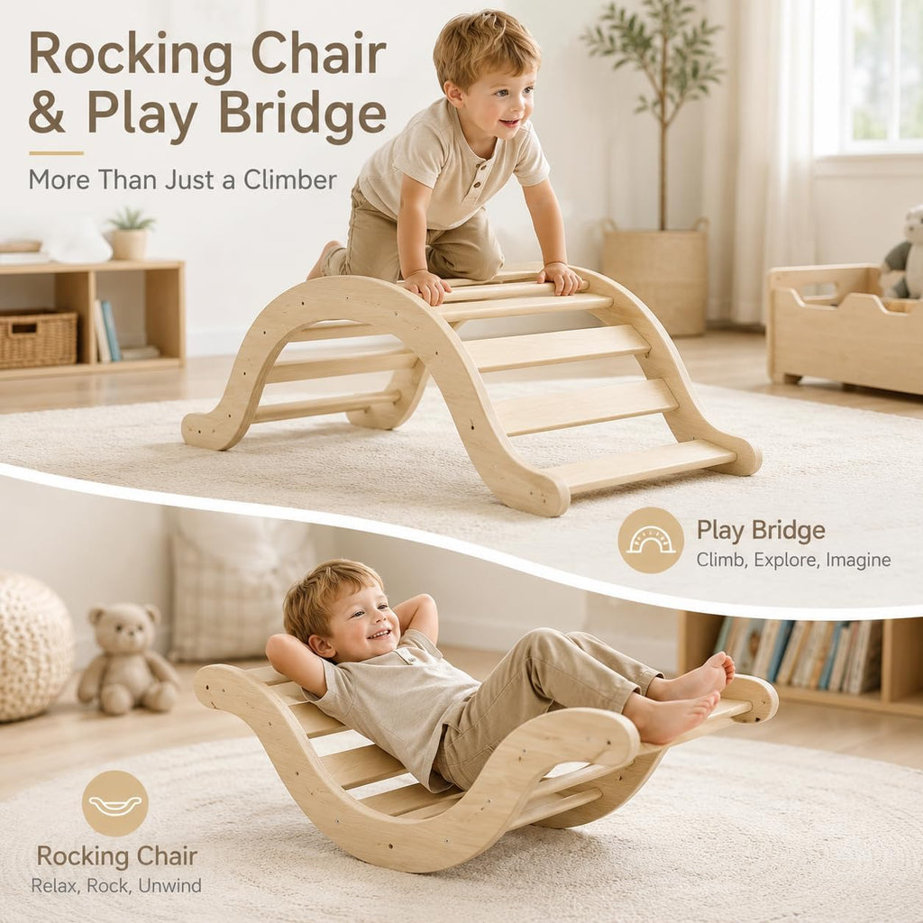 Wooden Toddler Climbing Set Indoor, in-1 Foldable Climber Playset with Triangle Ladder, Arch, Ramp and Slide, Birch