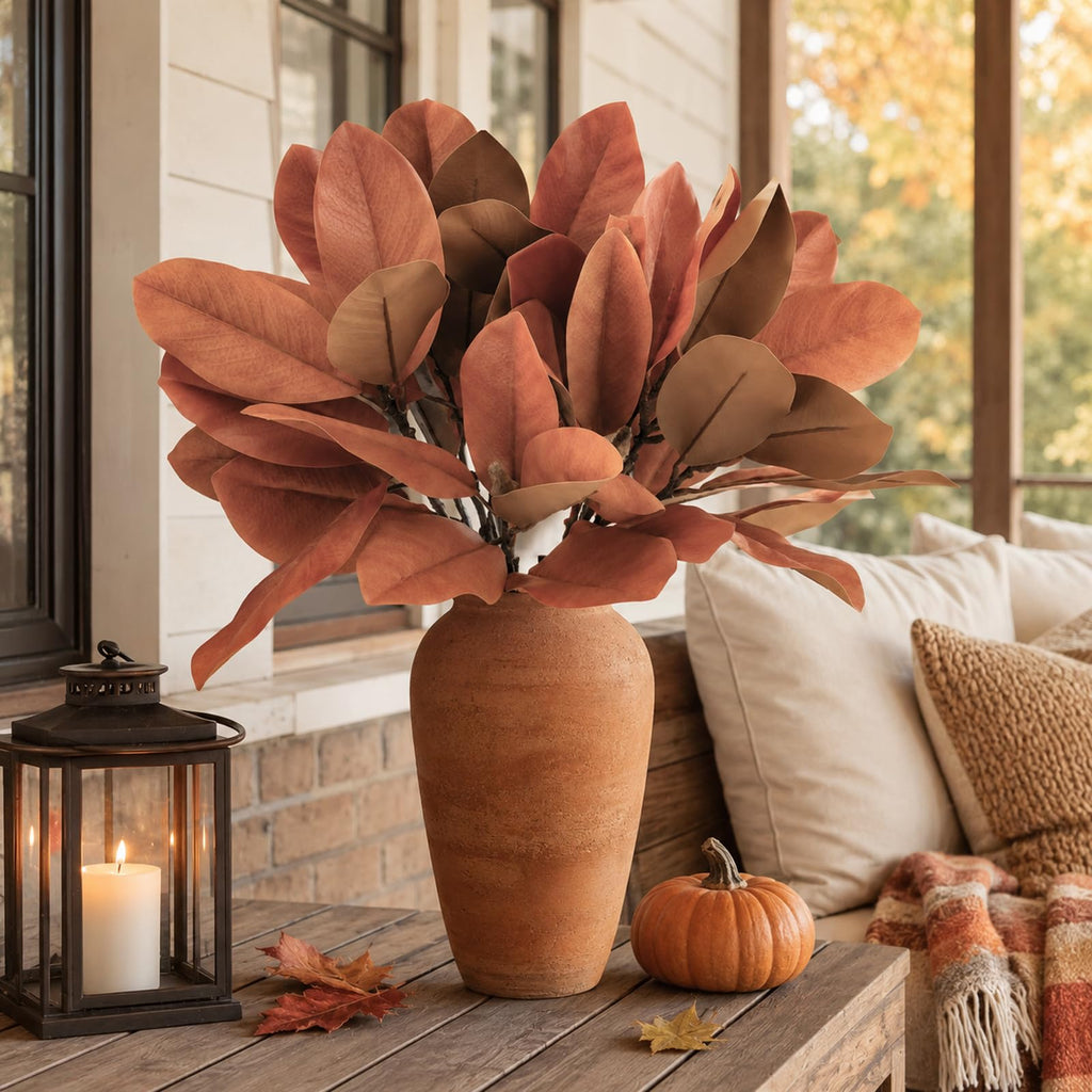 4 Pcs Fall Magnolia Silk Leaves Branches 25.6 Inch 3D Real Touch Autumn Faux Magnolia Stems Fake Orange Leaves Twigs