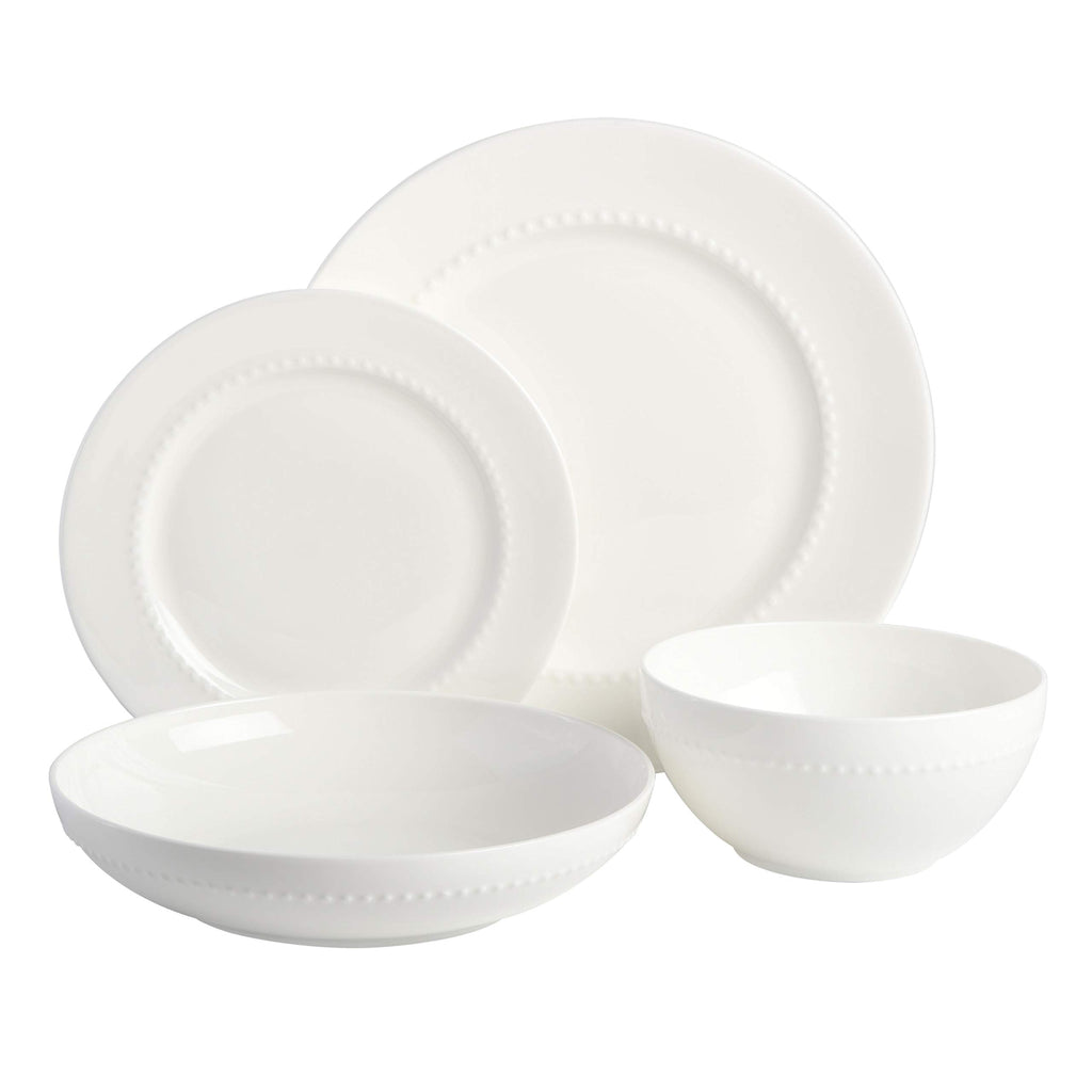 Embossed Bone China 16-Piece Double Bowl Dinnerware Set, Service for 4 - White Elegant Plates and Bowls