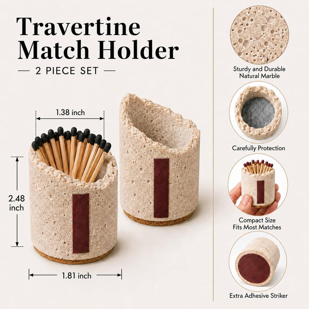 Match Holder with Striker: Travertine Decorative Match Holder - Set of 2