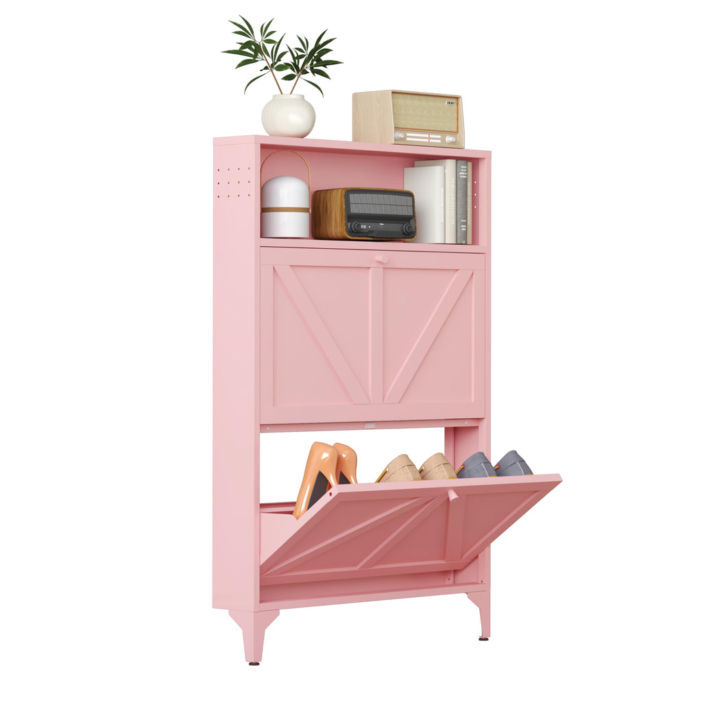 Shoe Storage Cabinet with 2 Flip Drawers, Freestanding Shoe Organizer with Legs, Farmhouse Narrow Shoe Storage Cabinet