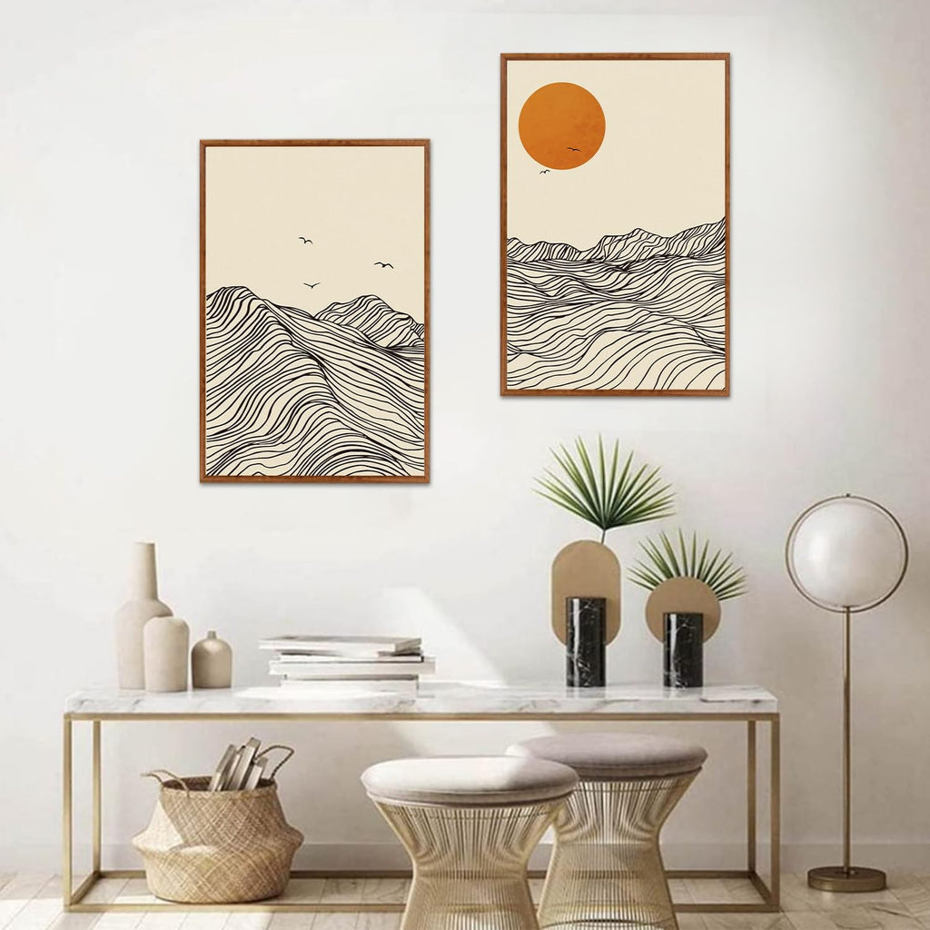 Abstract Wave Line Mountain Framed Canvas Wall Art, Boho Sun Wall Decor, Minimalist Beige Artwork -24"x36"x3