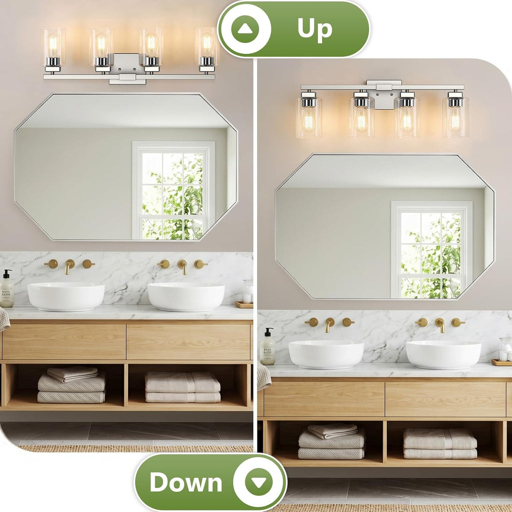 27" Bathroom Light Fixtures,4-Light Vanity Light Brushed Nickel | Square Clear Glass & Durable Metal, Quick & Easy