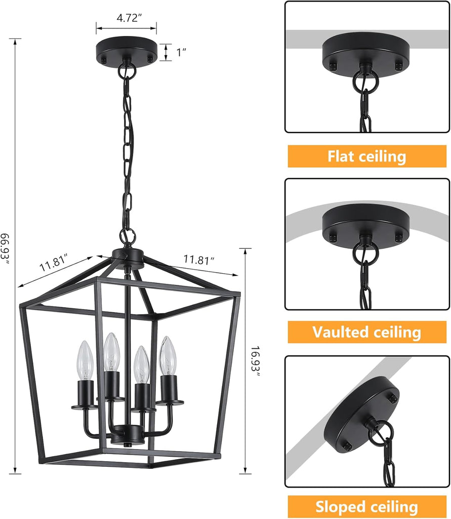 UL Listed Black Industrial 4 Light Lantern Chandelier Ceiling Light Fixtures Farmhouse Metal Cage Rustic Geometric
