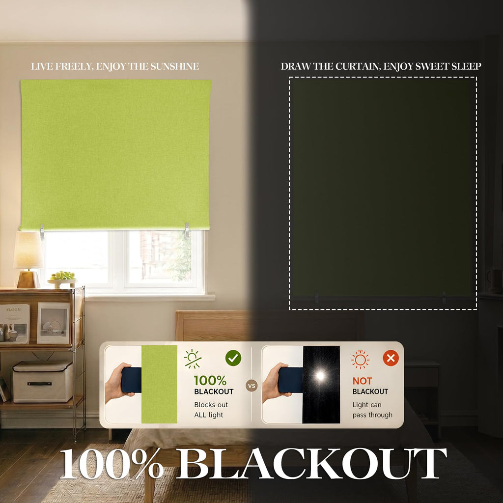 Wide 100% Blackout Roller Shades No Drill, Fruit Green