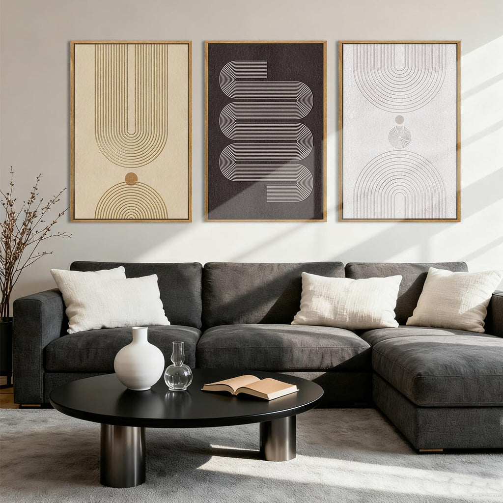 Extra Large Modern Neutral Framed Wall Art 24x36 Inch Black Abstract Canvas Wall Decor Beige Boho Geometric Artwork