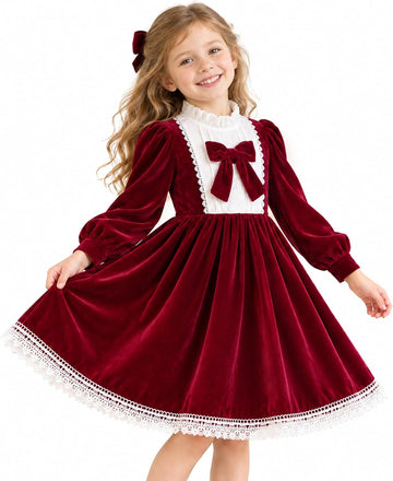Velvet Dress Long Sleeve Bowknot Princess Christmas Dresses