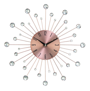 Metal Starburst Wall Clock with Crystal Accents, 15" x 1" x 15", Copper