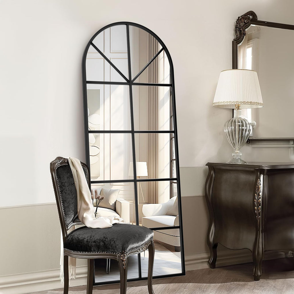 Floor Full Length Mirror, Arch Top Window Pane Mirror, 56"x22" Black