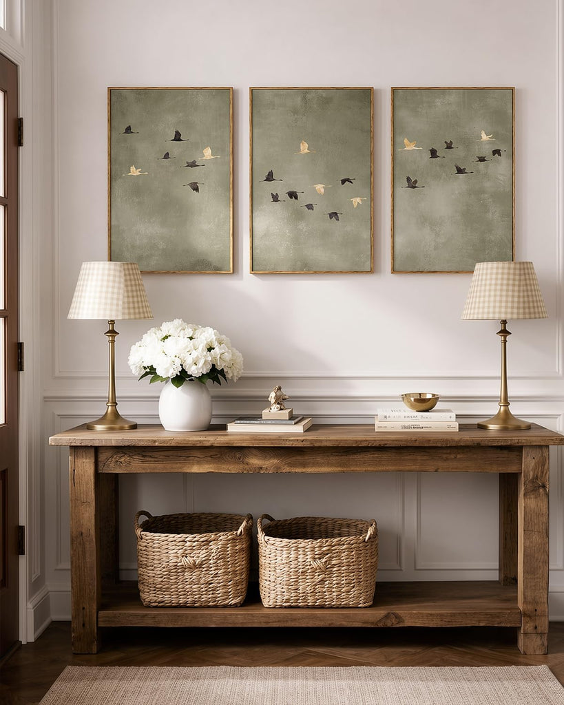 Extra Large Framed Canvas Wall Art, Living Room Minimalist Abstract Neutral Decor, Sage Green, 3 Pcs Flying Birds