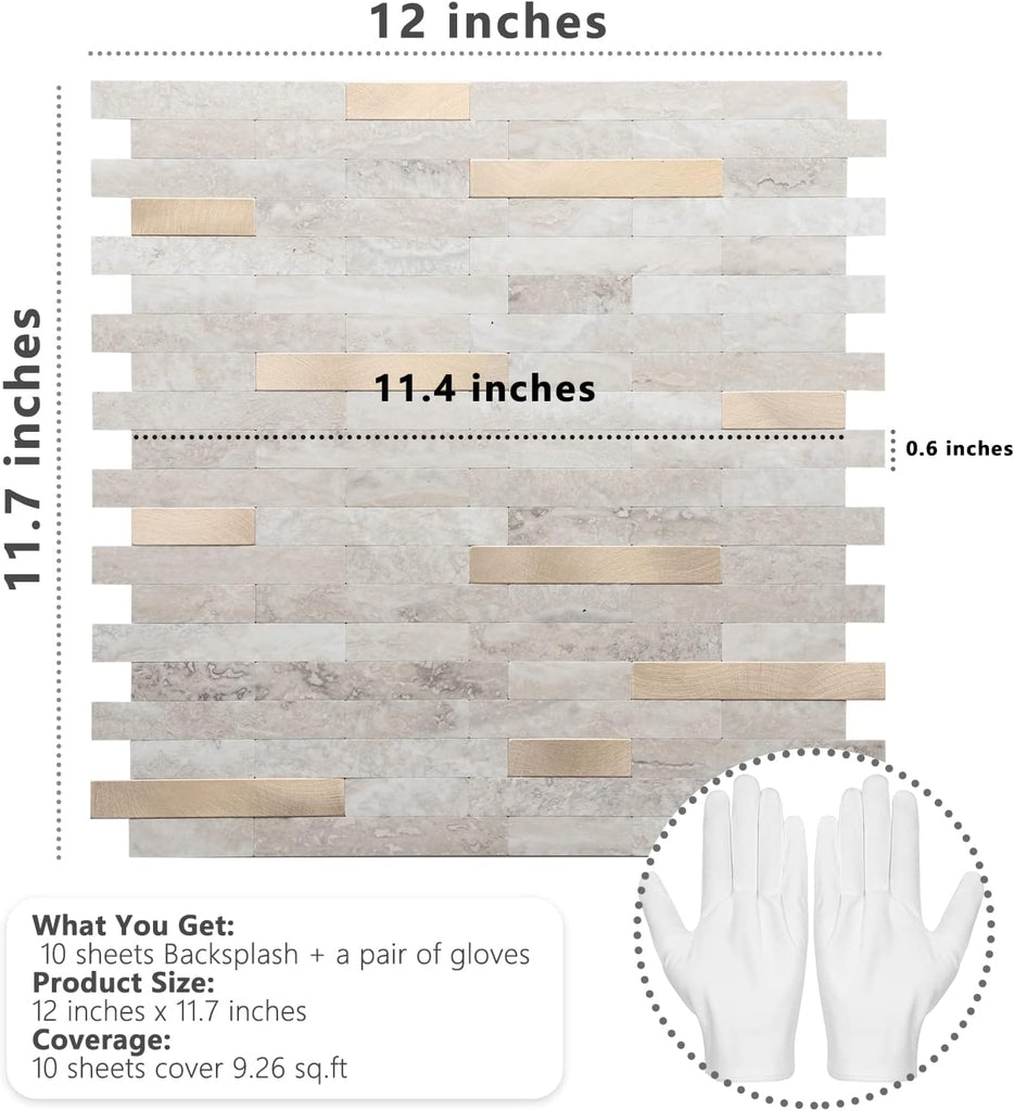 Peel and Stick Backsplash, PVC Wall Stick on Backsplash (10 Sheets, Beige with Metal Gold)