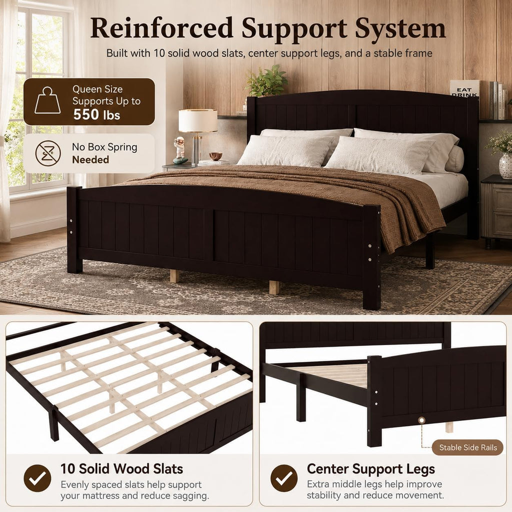 Queen Farmhouse Bed Frame with Headboard & Footboard, Mid Century Modern Bed Frame with Underbed Storage, Antique