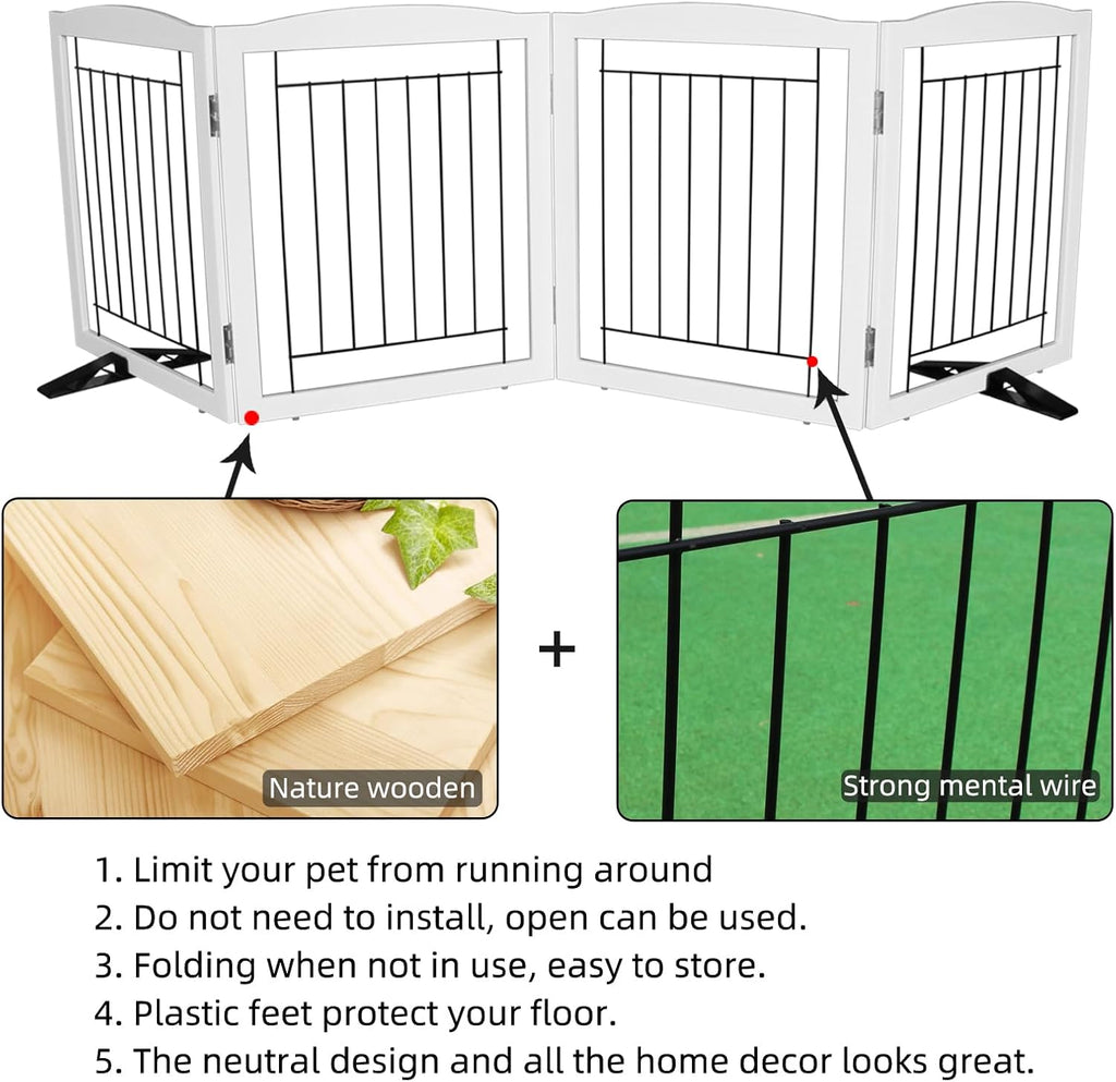 Freestanding Dog Fence Indoor, Foldable Dog Gate for Doorways, Stairs or Hallways, Sturdy Wood Extra Wide Pet Gate