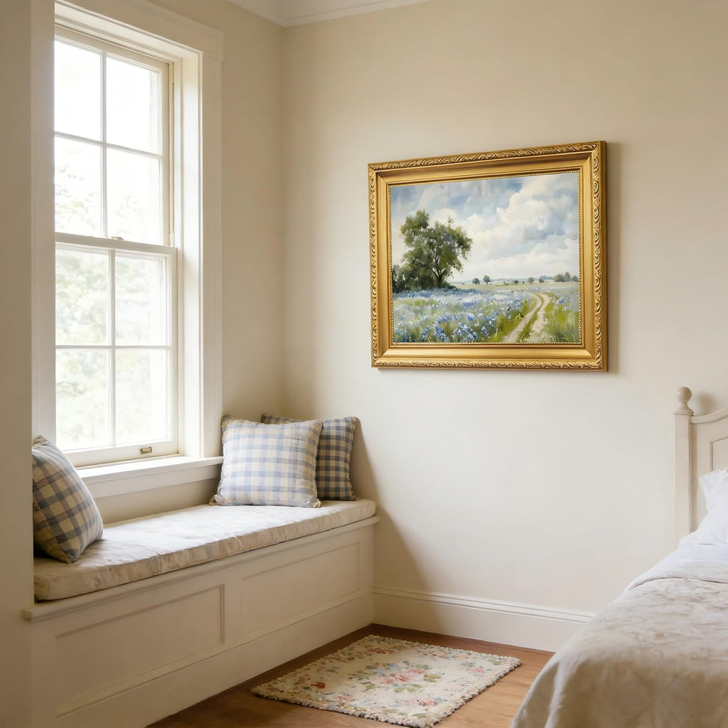 Gold Framed Canvas Wall Art Country Landscape Wildflower Field Wall Decor Paintings Rustic Nature Pictures Prints