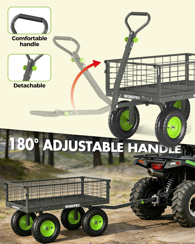 Large Heavy Duty Garden Cart 770 lb, 2-in-1 Convertible Utility Wagon with Removable Sides, 180° Tow Handle for ATV