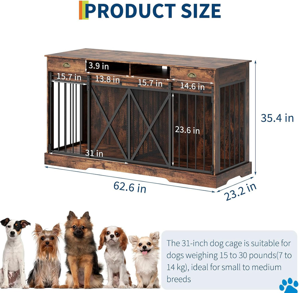 Dog Crate Furniture with Removable Divider, 3-in-1 Wooden Dog Kennel Furniture for 2 Dogs with Sliding Barn Door