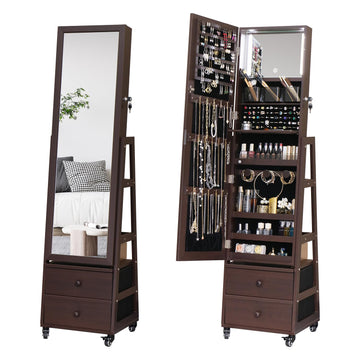 Standing Jewelry Cabinet with Lockable, Full Length Mirror with Storage