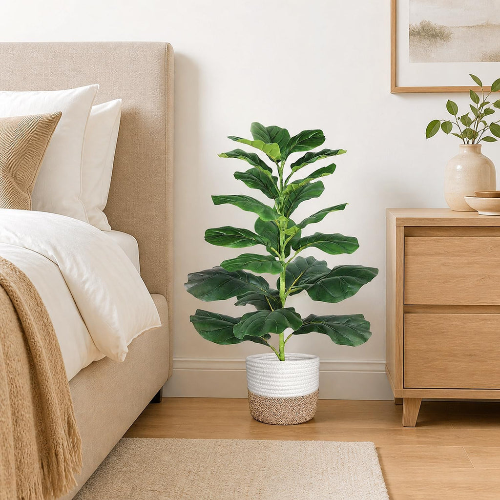 30" Artificial Fiddle Leaf Fig Tree, Realistic Fake Plants Faux Trees Indoor with Cotton Rope Basket, Artificial