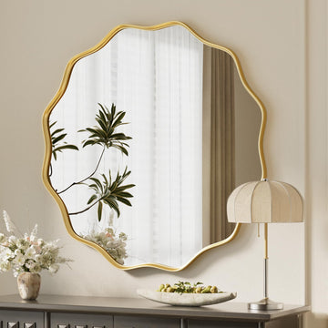 Gold Scalloped Circle Mirror, 30" Wavy Edge Round Wall Mirror