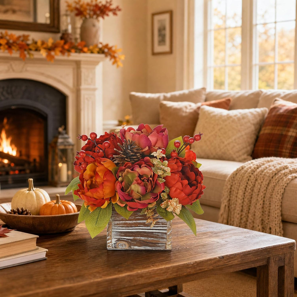 Fall Peonies Artificial Flowers Arrangements In Rustic Square Wooden Box