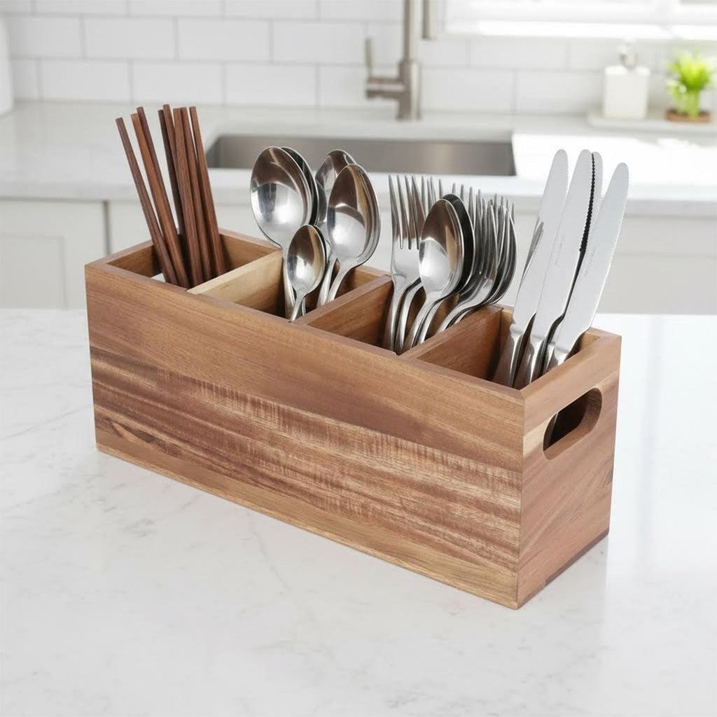Silverware Holder,Acacia Wood Utensil Holder for Countertop,4 Compartment Silverware Caddy Organizer,Large Silverware
