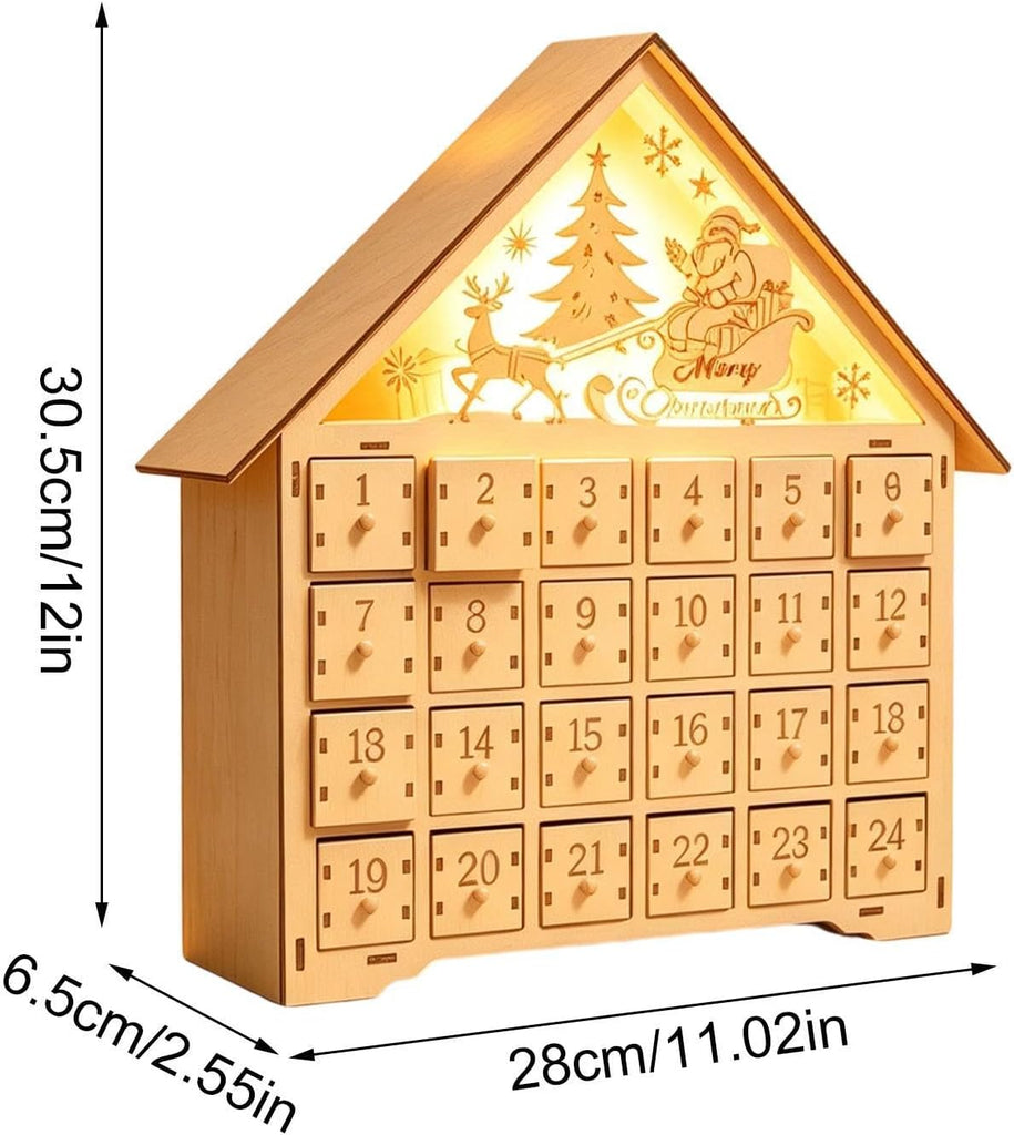 Wooden Advent House - Lighted Holiday Countdown, Christmas Drawer Box