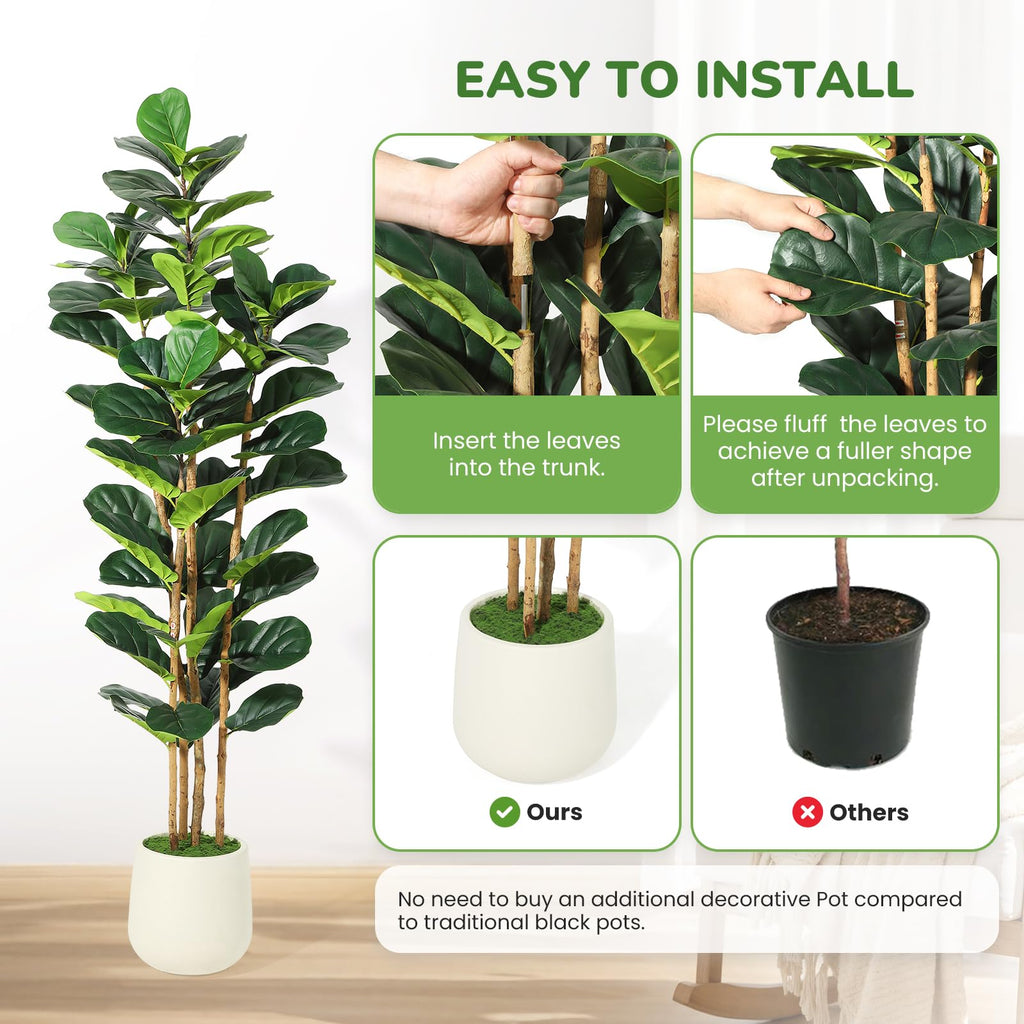 Artificial Fiddle Fig Tree with White Planter - 6 ft