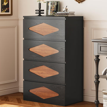 48.3'' Tall, 4 Chest of Wooden Deep Drawers, Vintage, Closet Storage Dressers Organizer (Black+Brown)