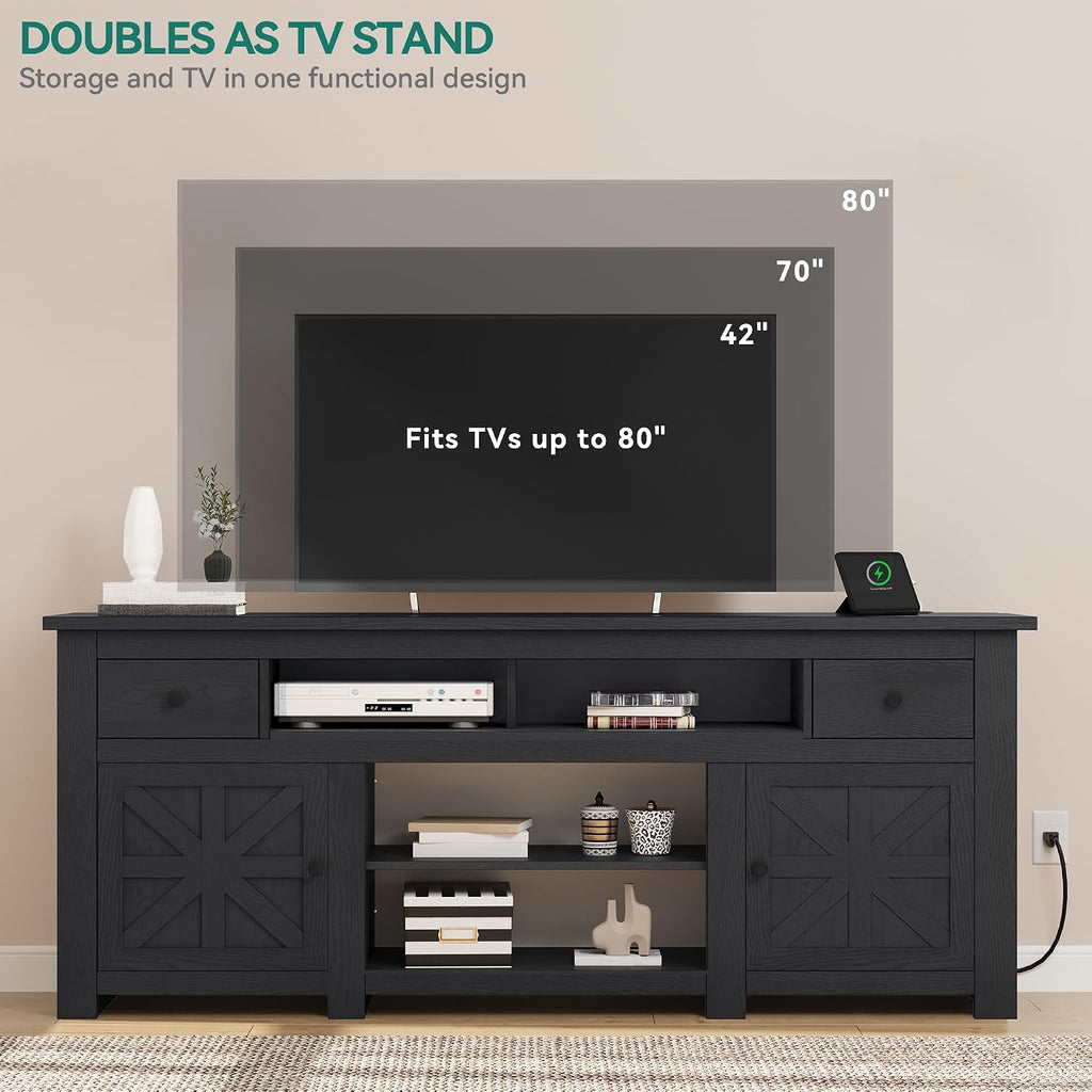 TV Stand for 75/80 Inch TV, Entertainment Center, TV Cabinet with Drawers and Power Outlet, Black TV Console for