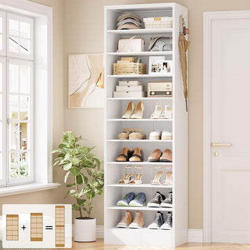 10 TiersTall Shoe Cabinet, Narrow Wood Shoe Rack, 17.7" W, White