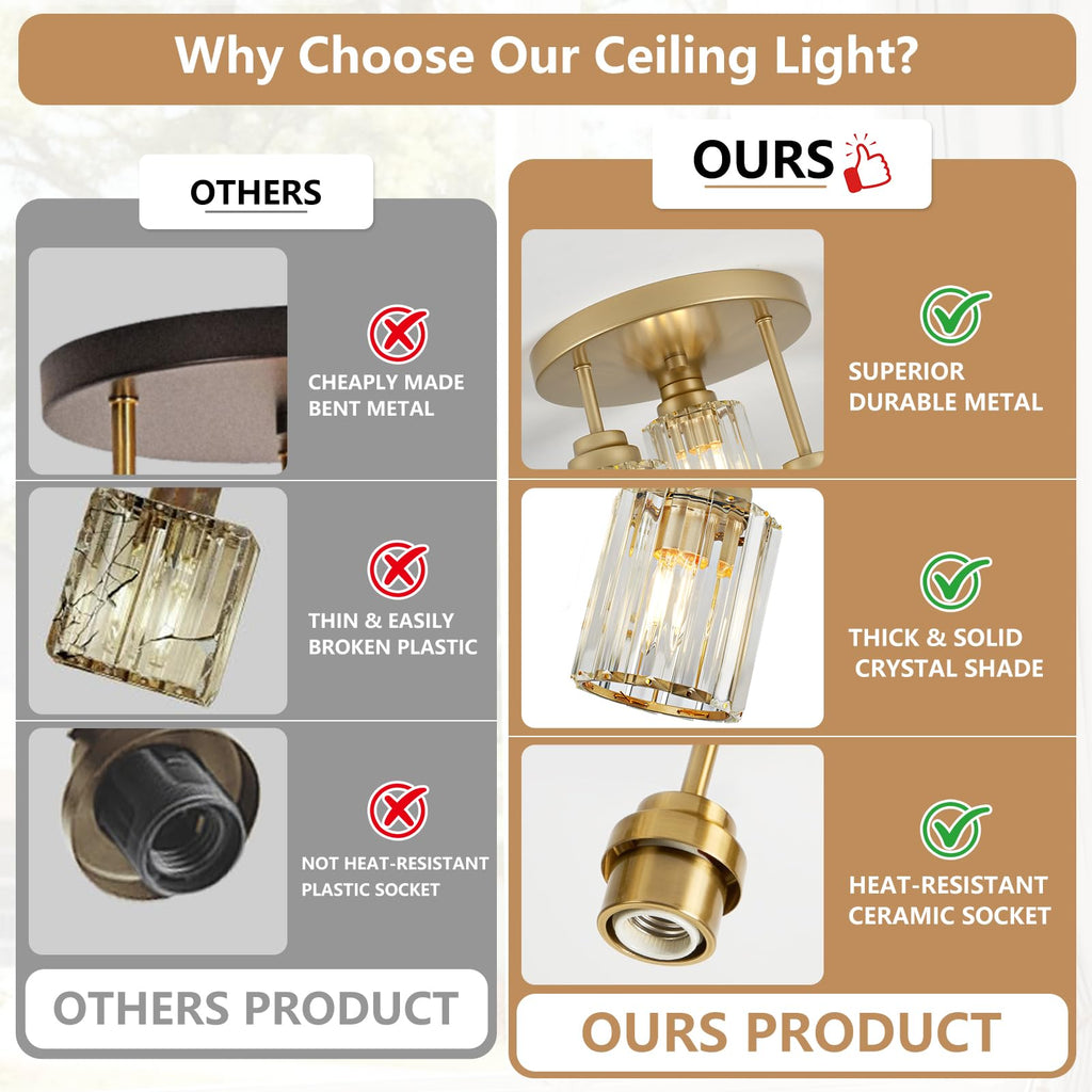 3-Light Champagne Gold Semi Flush Mount Ceiling Light, Modern Ceiling Light with Clear K9 Crystal Shade, E26 Base