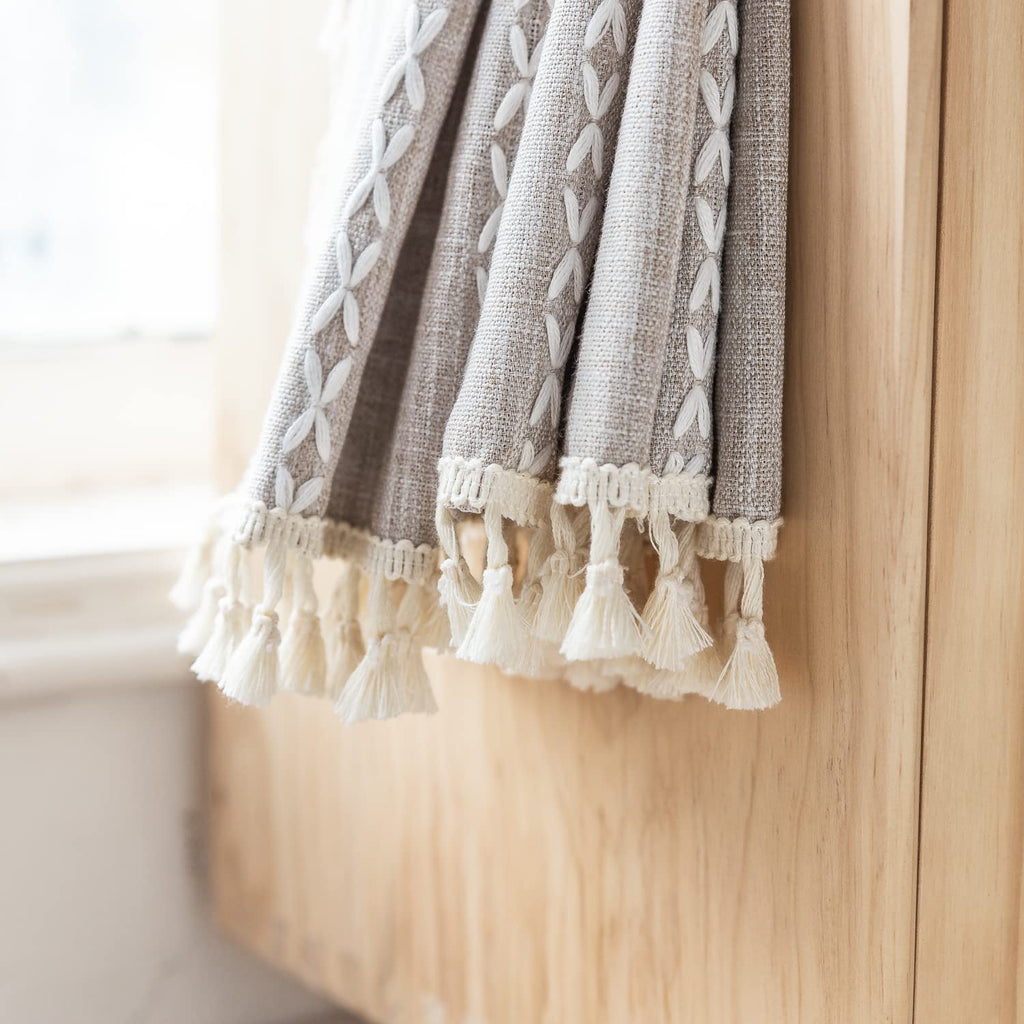 Linen Curtains 63 Inch Length 2 Panels Embroidery Khaki Boho Curtains Rustic Farmhouse Tassel Light Filtering Window