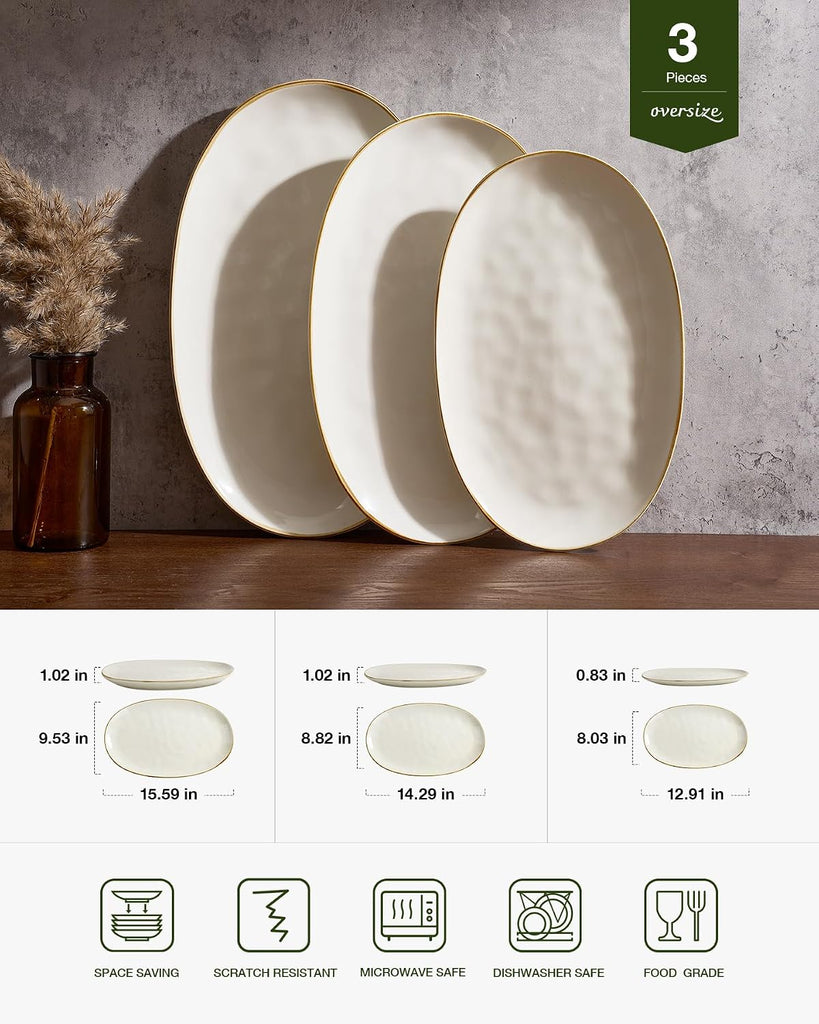 Serving Platters Set of 3 Sizes - Oval, Vanilla White | 15.59"/14.3"/12.9" Fine Stoneware Serving Trays for Party