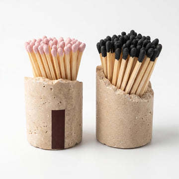 Natural Travertine Stone Match Holder with Striker, Irregular Raw Edge Decorative Match Storage Jar, Matchstick - Set of 2