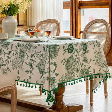 Boho Tassel Tablecloth Cotton Linen Floral Tablecloths and Dining Table Covers Home Decor, Rectangul