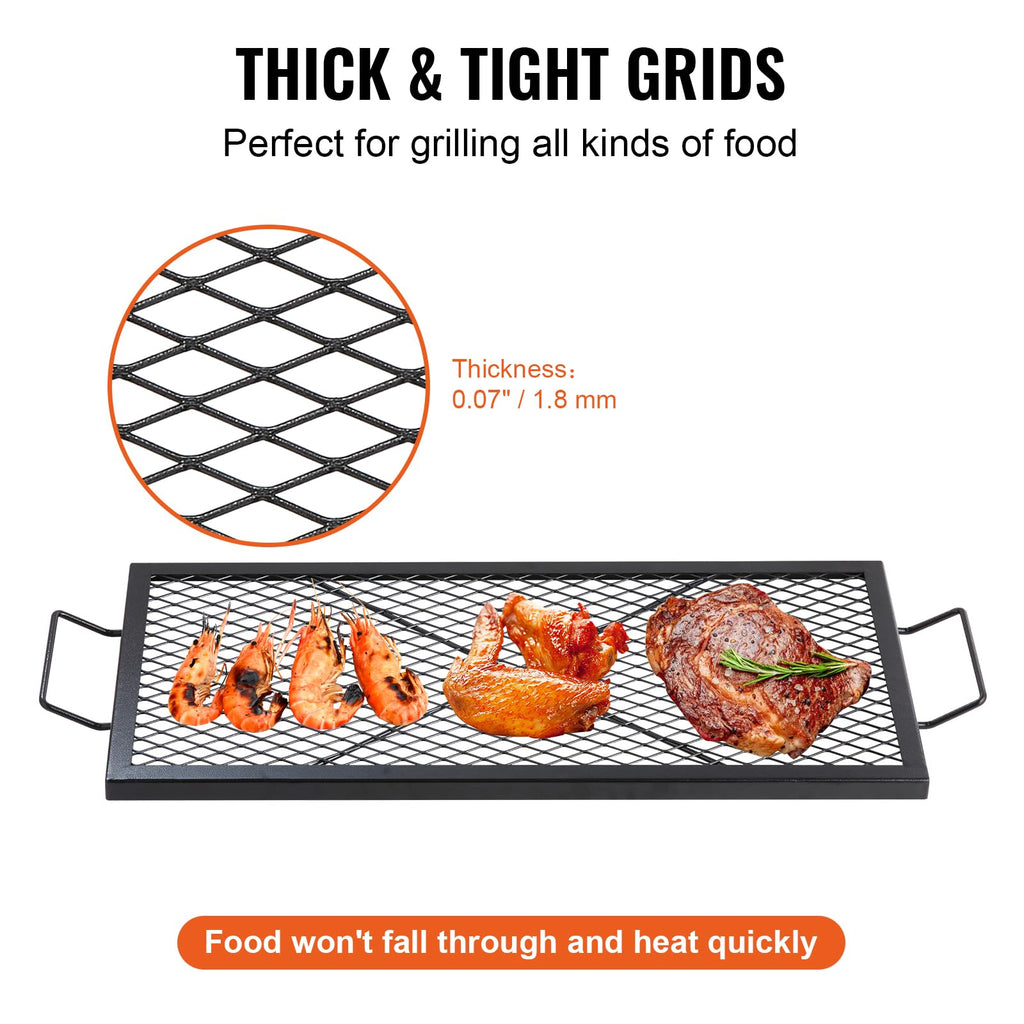 X-Marks Fire Pit Grill Grate, Rectangle Cooking Grate, Heavy Duty Steel Campfire BBQ Grill Grid with Handle & Support