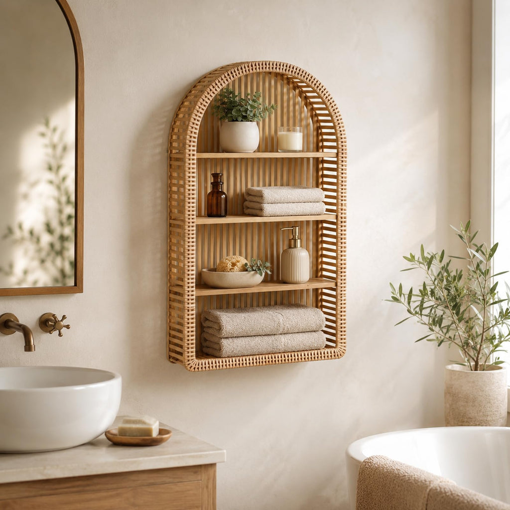 Rattan Wall Shelf 4 Tier Boho Wall Shelf, Arched Decorative Wall Shelf Set