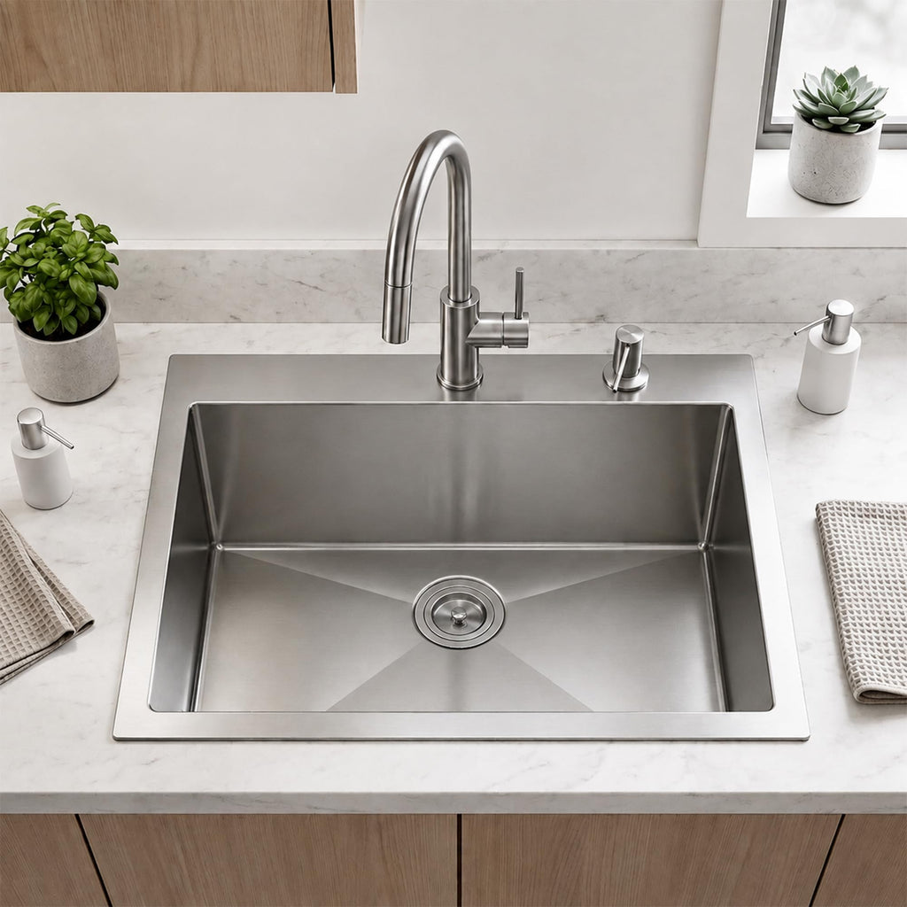 33 x 22 inch Drop in, 33 inch Topmount Stainless Steel Sink, 18 Gauge T304 Single Bowl Kitchen With Strainer