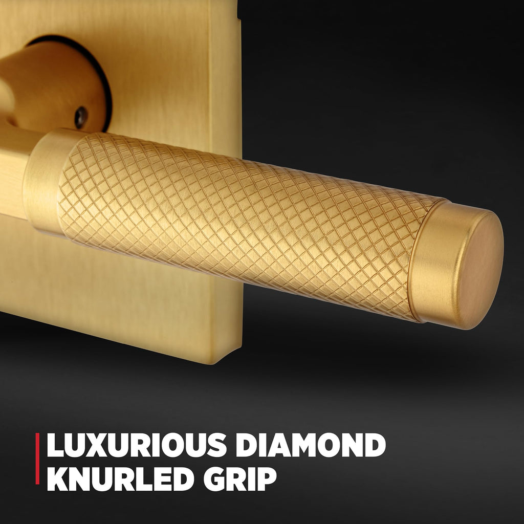 Prava Interior Privacy Door Knurled Handle with Lock, Door Lever , Satin Brass, Reversible Keyless Push Button Lock