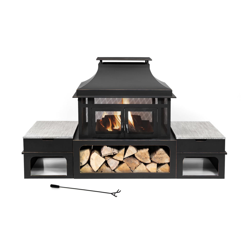 Rimasco 80-Inch Metal Wood Burner Fireplace with Side Storage Tables - Wood Burning Fire Pit - Smokeless Patio Fire