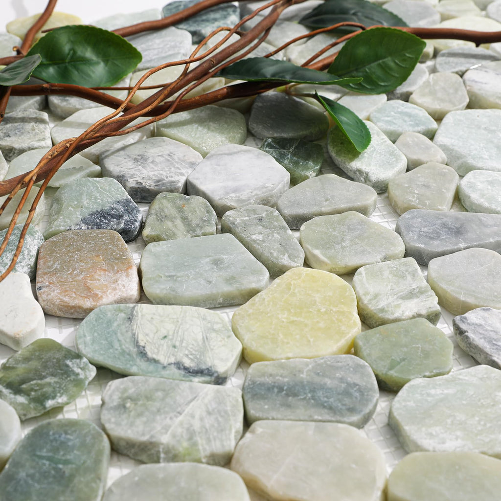 Green Pebble Tile for Shower Floor, Stone Backsplash Tiles, 5 Pcs
