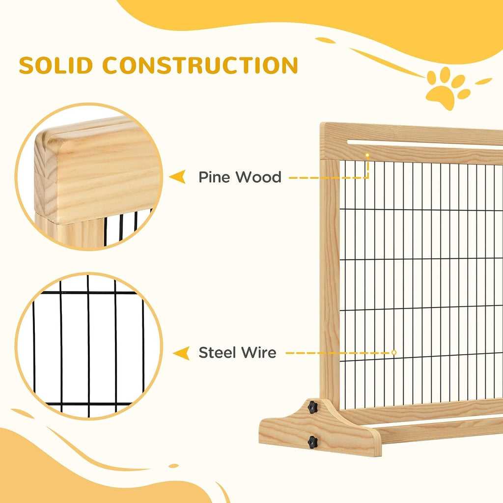72" W x 27" H Extra Wide Freestanding Pet Gate with Adjustable Length Dog, Cat, Barrier, Doorway, Hallway, Natural