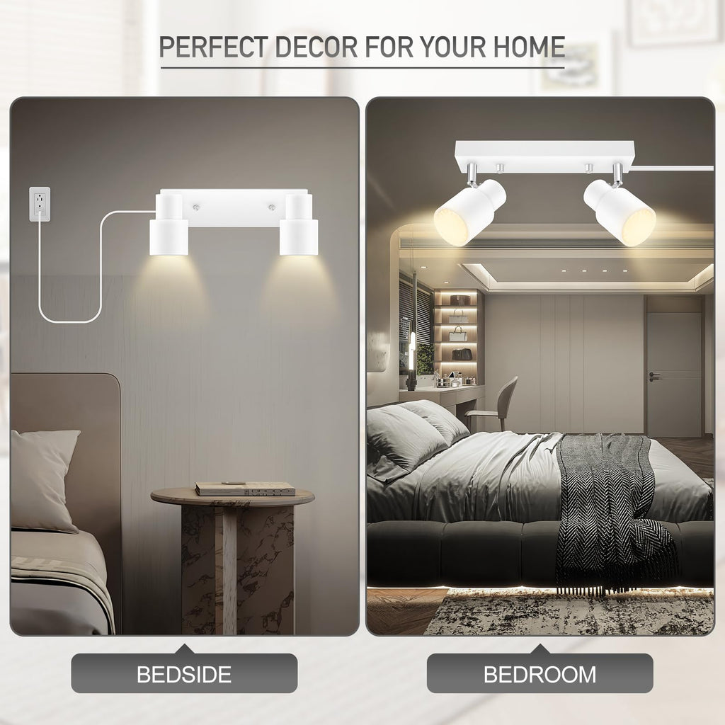 Plug in Track Lighting Fixtures Ceiling, White Track Light LED, 2-Light Track Lights with Cord, 2 Way Ceiling
